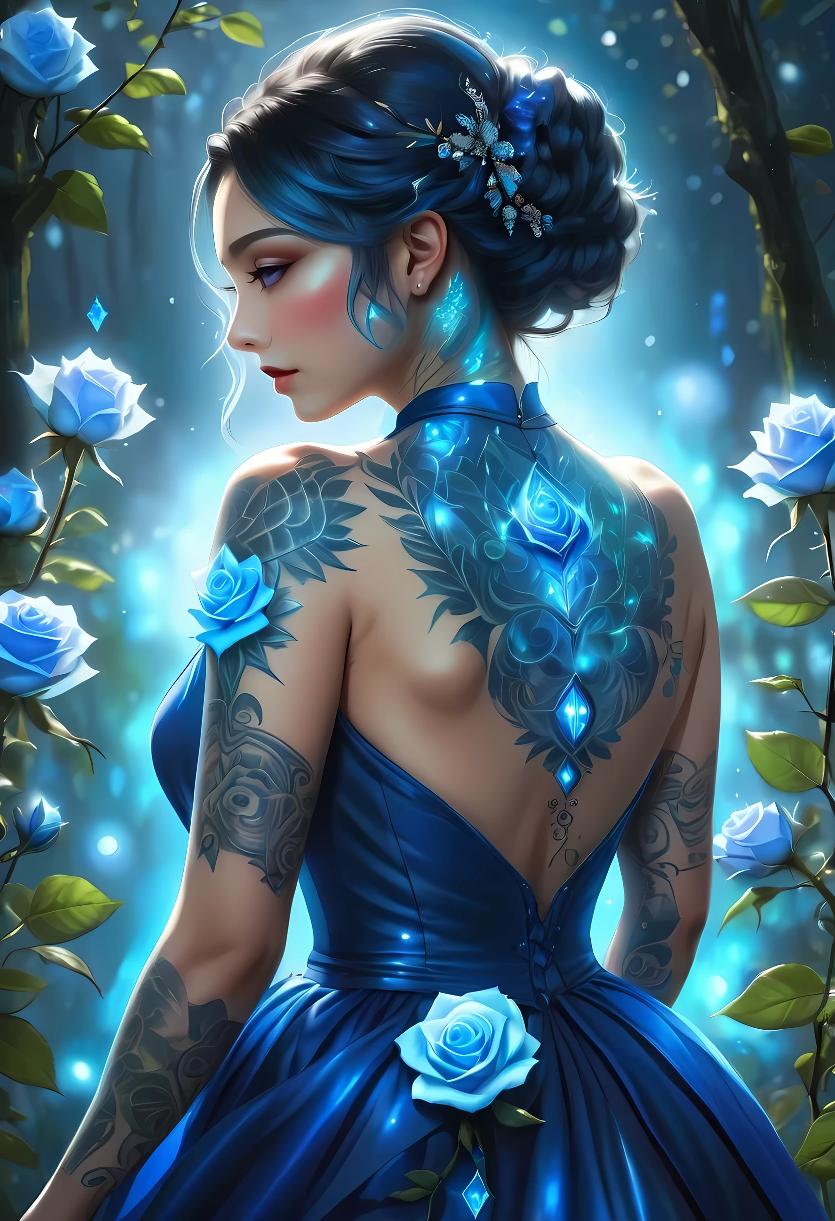 Arafed, Dark fantasy art, fantasy art, goth art, a picture of a tattoo on the back of a female elf, of  glowing tattoo of a ((blue: 1.3)) the rose tattoo is vivid, intricate detailed coming to life rose from the ink to real life, , thes, AlchemyPunkAI, shoot taken from the back, ((the back is visible: 1.3), she wears a transparent dress that the tattoos glow, crystalline dress