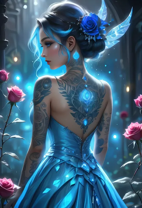 Arafed, Dark fantasy art, fantasy art, goth art, a picture of a tattoo on the back of a female elf, of  glowing tattoo of a ((bl...