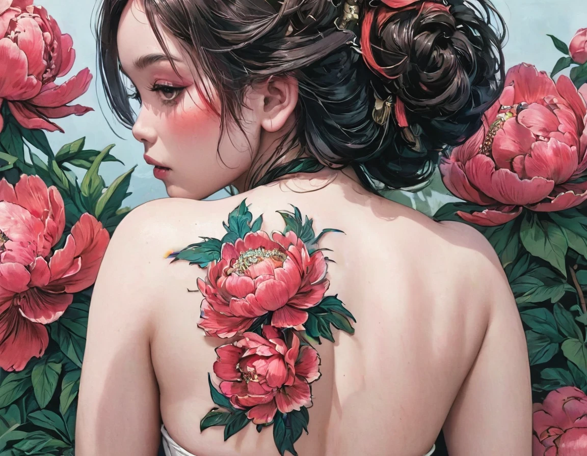 Remove the shadows on the skin caused by the red peony tattoo