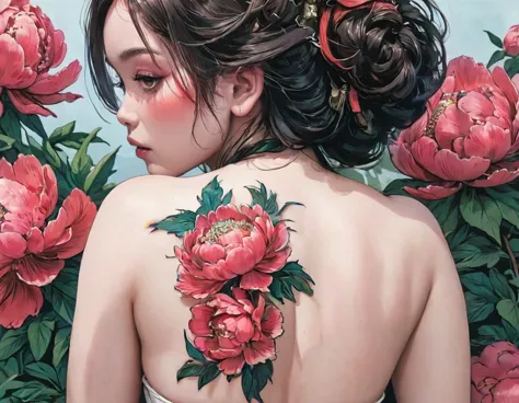 Remove the shadows on the skin caused by the red peony tattoo