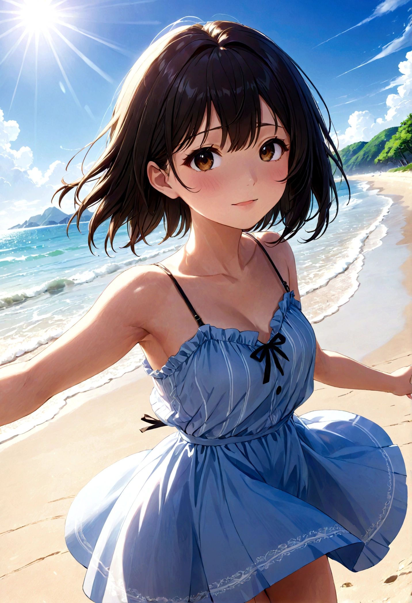 (Meisterqualität)(Anime-Stil)(RAW-Fotos)Hochdetailliert, Super detailliert, Ultra HD Schönes Mädchen mit kurzen schwarzen Haaren, das Spaß an einem offenen Strand hat, Umgeben von natürlicher Schönheit, Die warme Sonne schien auf sie herab, Wiegen Sie sich sanft in der Brise, Schafft eine spielerische Atmosphäre(offizieller Tiefdruck)(Nahaufnahme1.5)