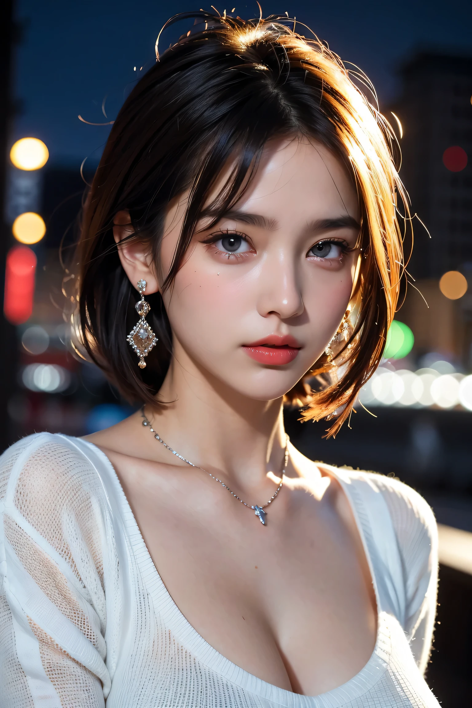 Beautiful college girl in the city, masterpiece, light makeup, red lips, silver hair, messy short cut, city background, beautiful, elegant. Very fine details, masterworks, authentic texture, cinematic lighting realism, perfect work, 16k, high resolution, exquisite features, blue eyes, Japanese idol, beautiful face, sad, crying, tears, brown hair, beautiful hair, attractive, big breasts, erect nipples, greasy muscles, shiny skin, tanned skin, shiny black skin, sexy knit sweater, bright big eyes, smooth skin, earrings, necklace, tattoo