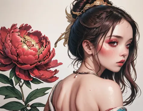 ((A stunning red peony tattoo across the back:1.9))、（Close up of a red peony tattoo）、Background with a bright red peony design、m...