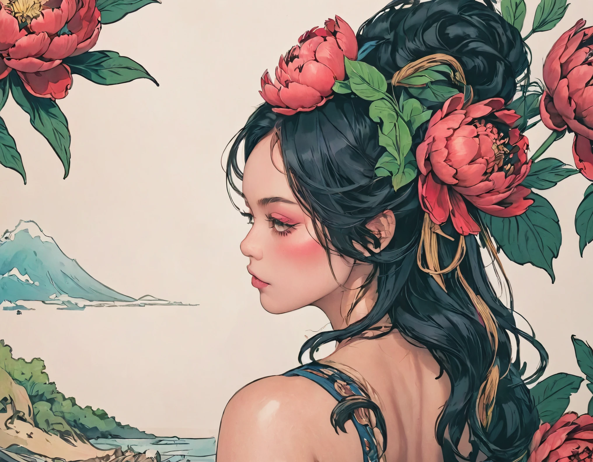 (Scarlet Peony Tattooの在る背中のクローズアップ:1.7)、Scarlet Peony Tattoo、woman、