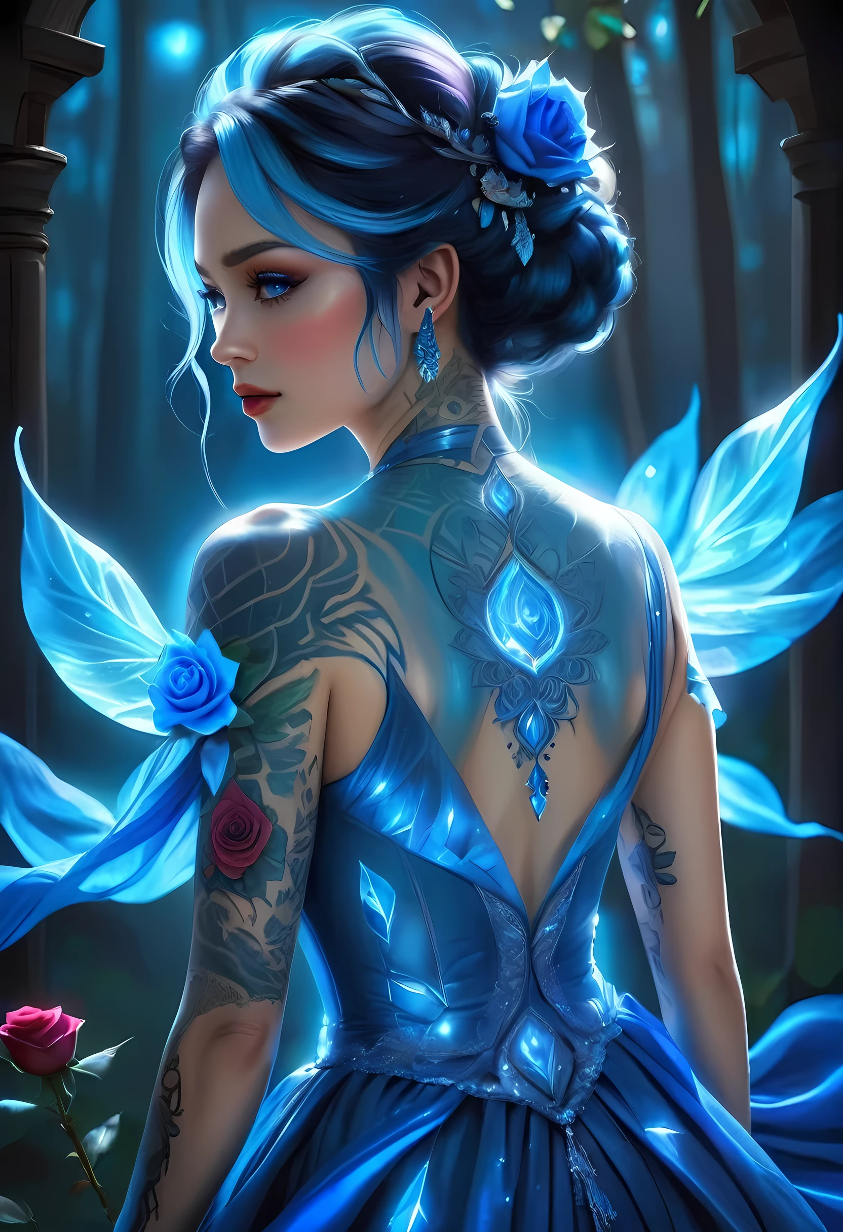 arafa, Dark Arte De Fantasía, Arte De Fantasía, arte gótico, una imagen de un tatuaje en la espalda de una elfa, de tatuaje brillante de un ((blue: 1.3)) el tatuaje de rosa es vívido, Intrincados detalles que cobraron vida pasaron de la tinta a la vida real.,  fireMagicAI, disparo tomado desde atrás, ((la espalda es visible: 1.3), ella lleva un vestido transparente que los tatuajes brillan, vestido cristalino