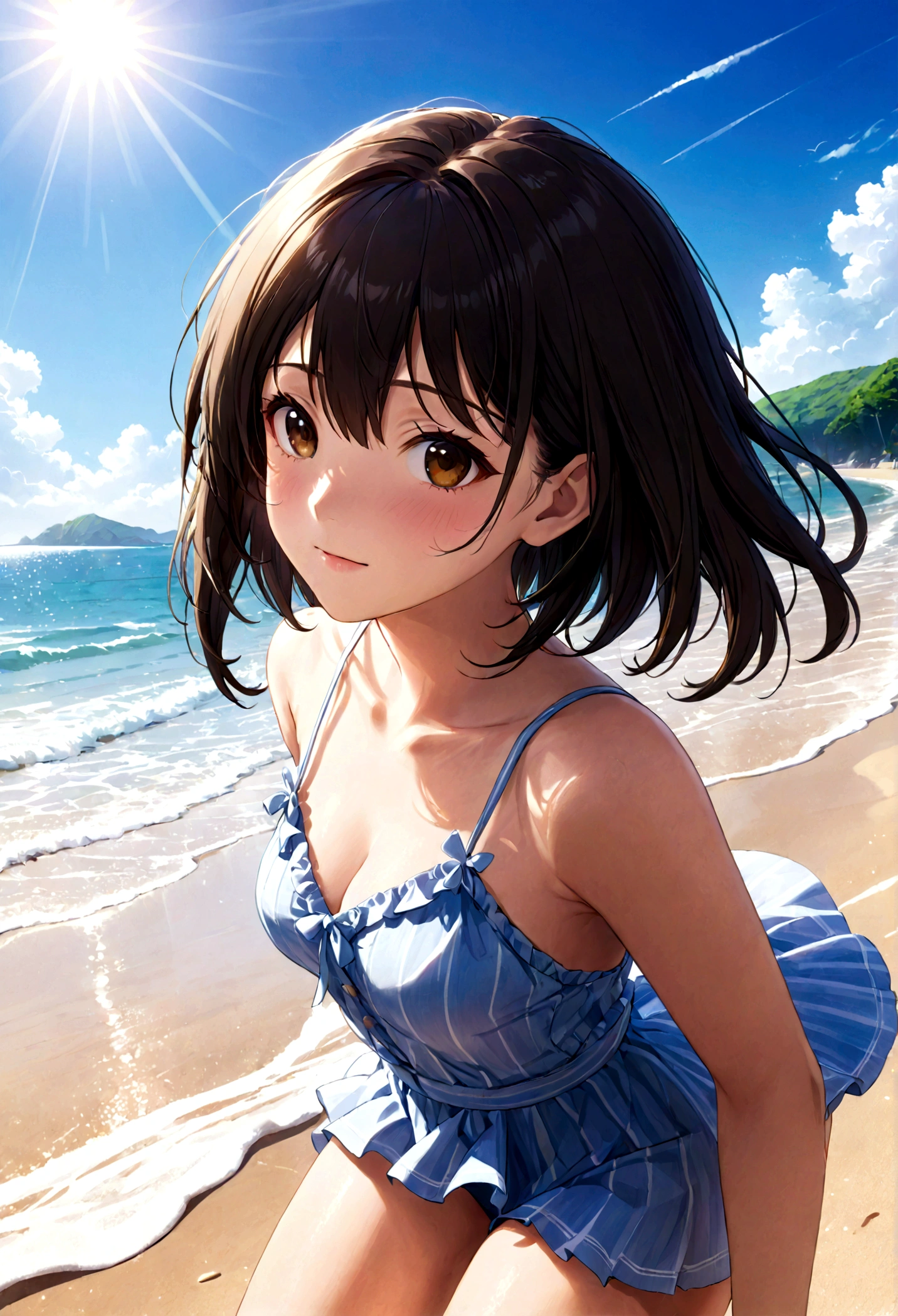 (Meisterqualität)(Anime-Stil)(RAW-Fotos)Hochdetailliert, Super detailliert, Ultra HD Schönes Mädchen mit kurzen schwarzen Haaren, das Spaß an einem offenen Strand hat, Umgeben von natürlicher Schönheit, Die warme Sonne schien auf sie herab, Wiegen Sie sich sanft in der Brise, Schafft eine spielerische Atmosphäre(offizieller Tiefdruck)(Nahaufnahme1.5)