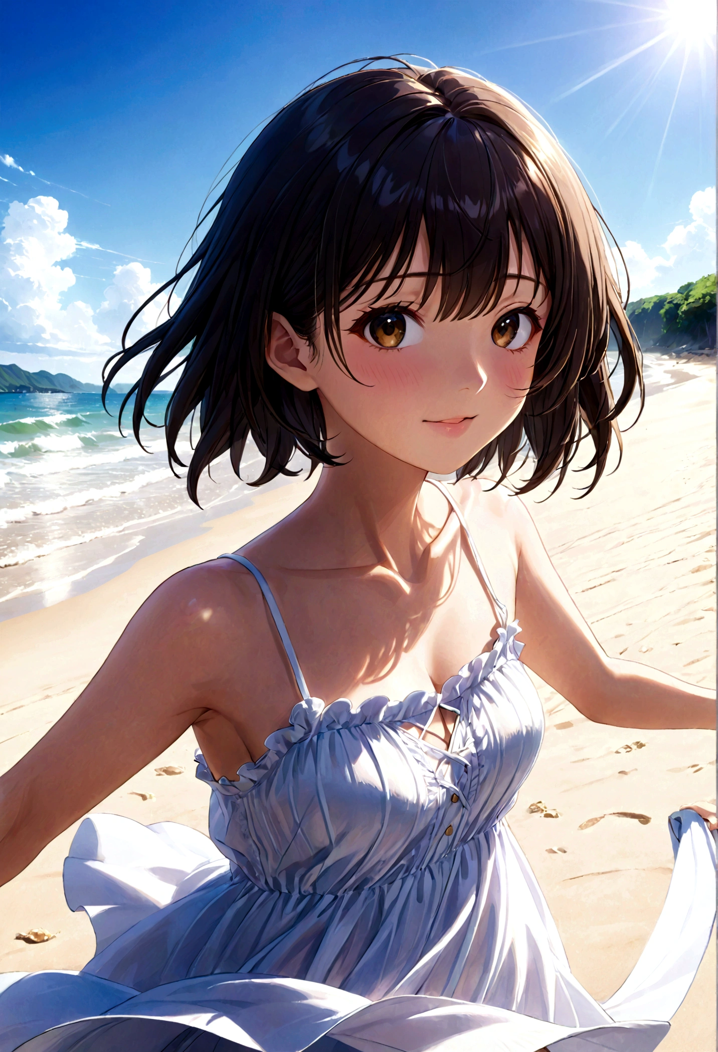 (Meisterqualität)(Anime-Stil)(RAW-Fotos)Hochdetailliert, Super detailliert, Ultra HD Schönes Mädchen mit kurzen schwarzen Haaren, das Spaß an einem offenen Strand hat, Umgeben von natürlicher Schönheit, Die warme Sonne schien auf sie herab, Wiegen Sie sich sanft in der Brise, Schafft eine spielerische Atmosphäre(offizieller Tiefdruck)(Nahaufnahme1.5)