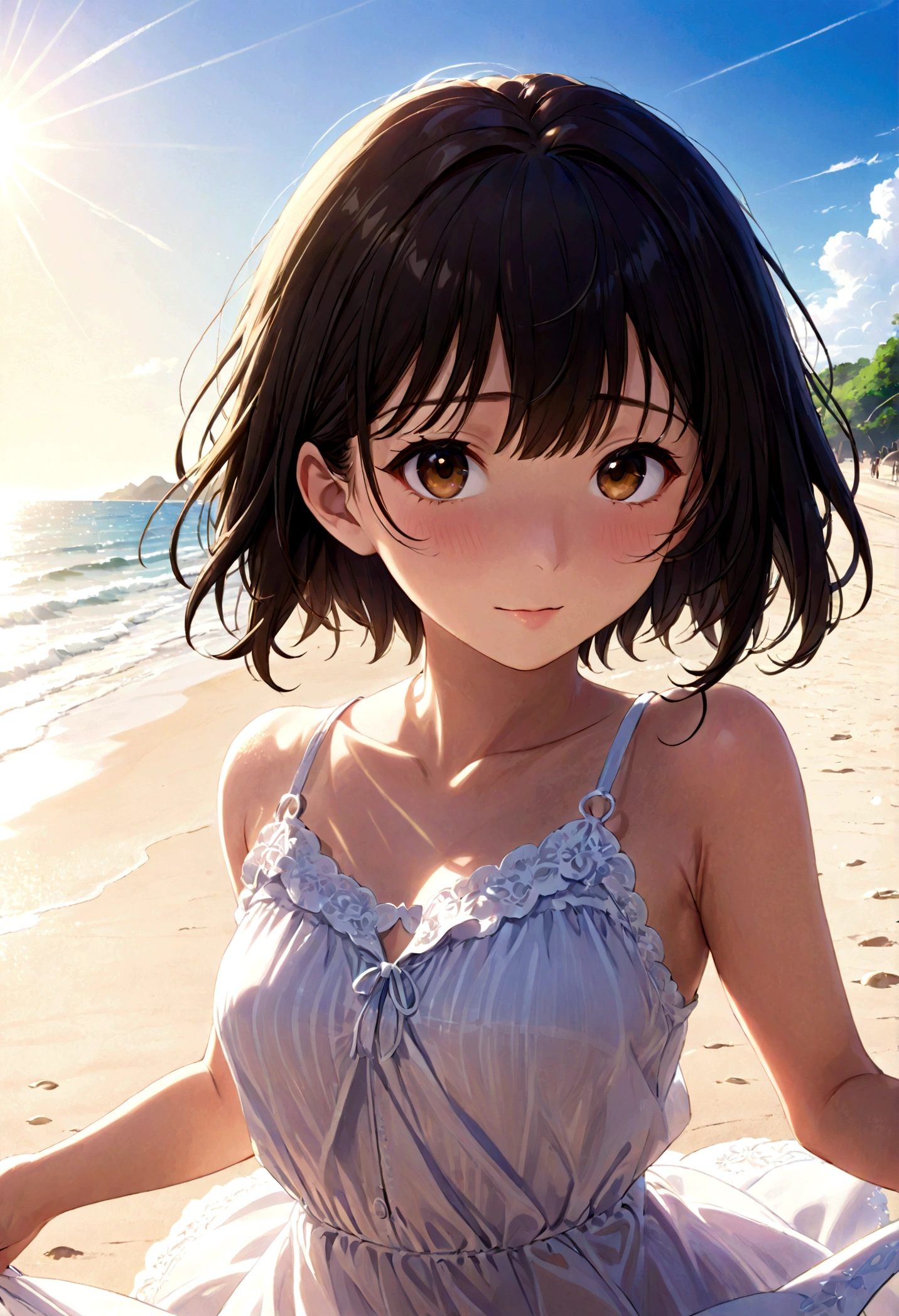 (Meisterqualität)(Anime-Stil)(RAW-Fotos)Hochdetailliert, Super detailliert, Ultra HD Schönes Mädchen mit kurzen schwarzen Haaren, das Spaß an einem offenen Strand hat, Umgeben von natürlicher Schönheit, Die warme Sonne schien auf sie herab, Wiegen Sie sich sanft in der Brise, Schafft eine spielerische Atmosphäre(offizieller Tiefdruck)(Nahaufnahme1.5)