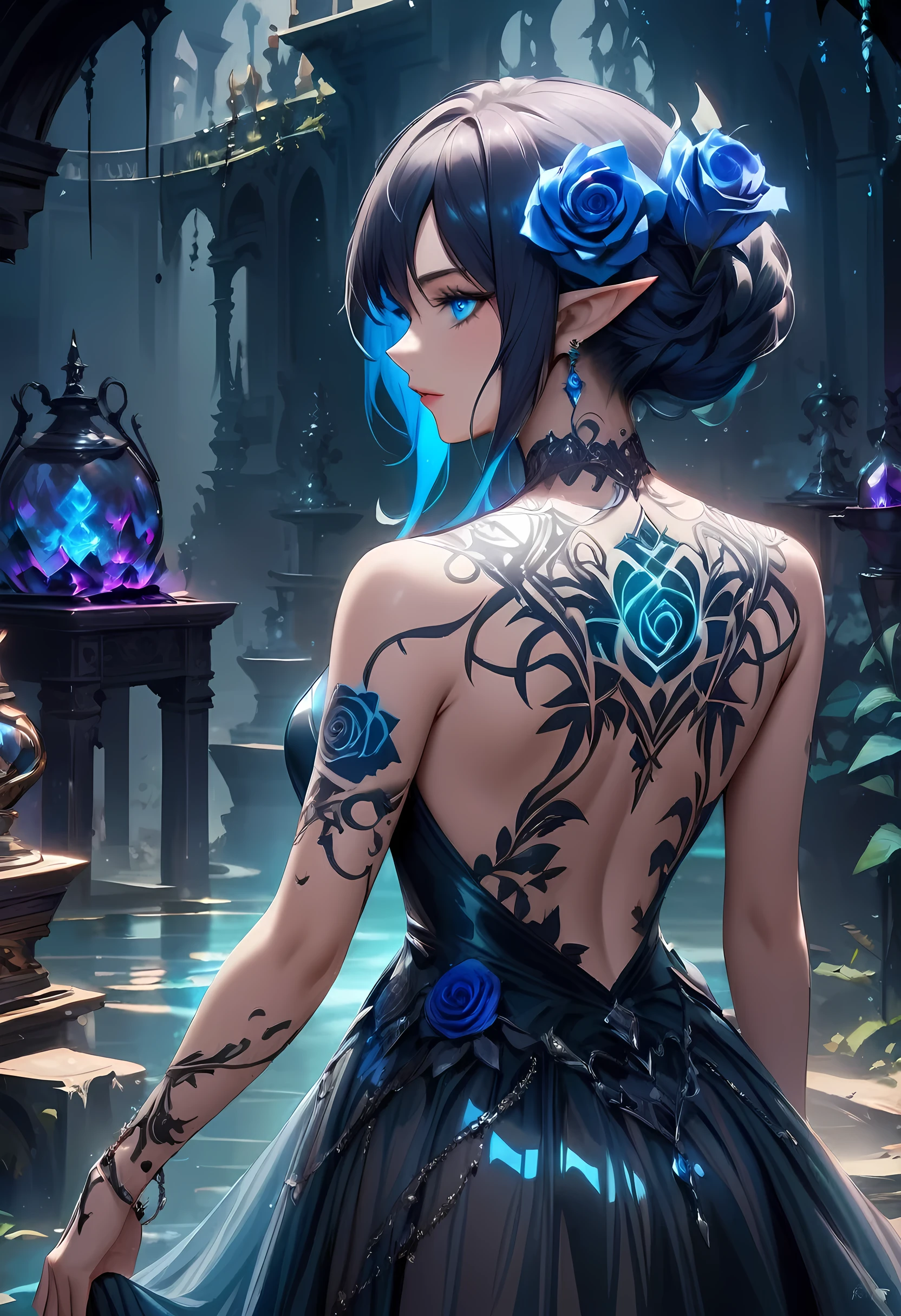 Arafed, Dark fantasy art, fantasy art, goth art, a picture of a tattoo on the back of a female elf, of  glowing tattoo of a ((blue rose: 1.3)) the rose tattoo is vivid, intricate detailed coming to life rose from the ink to real life,AlchemyPunkAI, shoot taken from the back, ((the back is visible: 1.3), she wears a transparent dress that the tattoos glow, crystalline dress