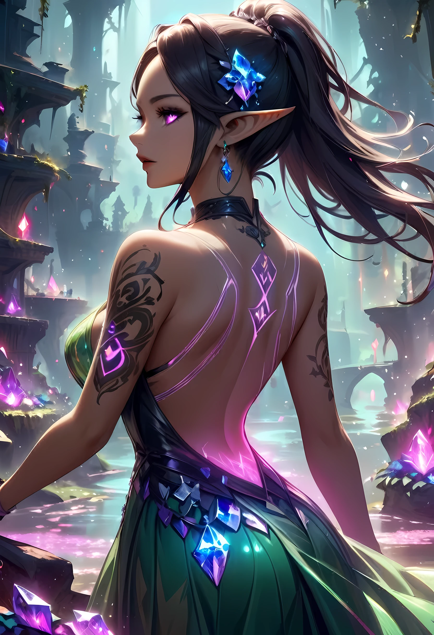 Arafed, Dark fantasy art, fantasy art, goth art, a picture of a tattoo on the back of a female elf, of ((glowing: 1.3)) elven magical runes, AlchemyPunkAI, shoot taken from the back, ((the back is visible: 1.3), the tattoos are live like, vivid, rising from the ink to real life, she wears a transparent dress that the tattoos glow, crystalline dress