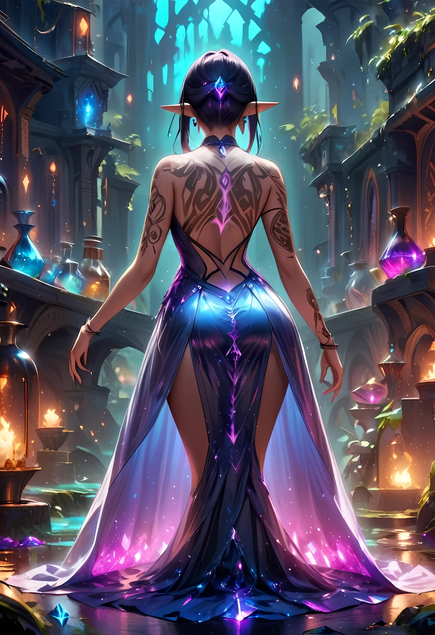 Arafed, Dark fantasy art, fantasy art, goth art, a picture of a tattoo on the back of a female elf, of ((glowing: 1.3)) elven magical runes, AlchemyPunkAI, shoot taken from the back, ((the back is visible: 1.3), the tattoos are live like, vivid, rising from the ink to real life, she wears a transparent dress that the tattoos glow, crystalline dress