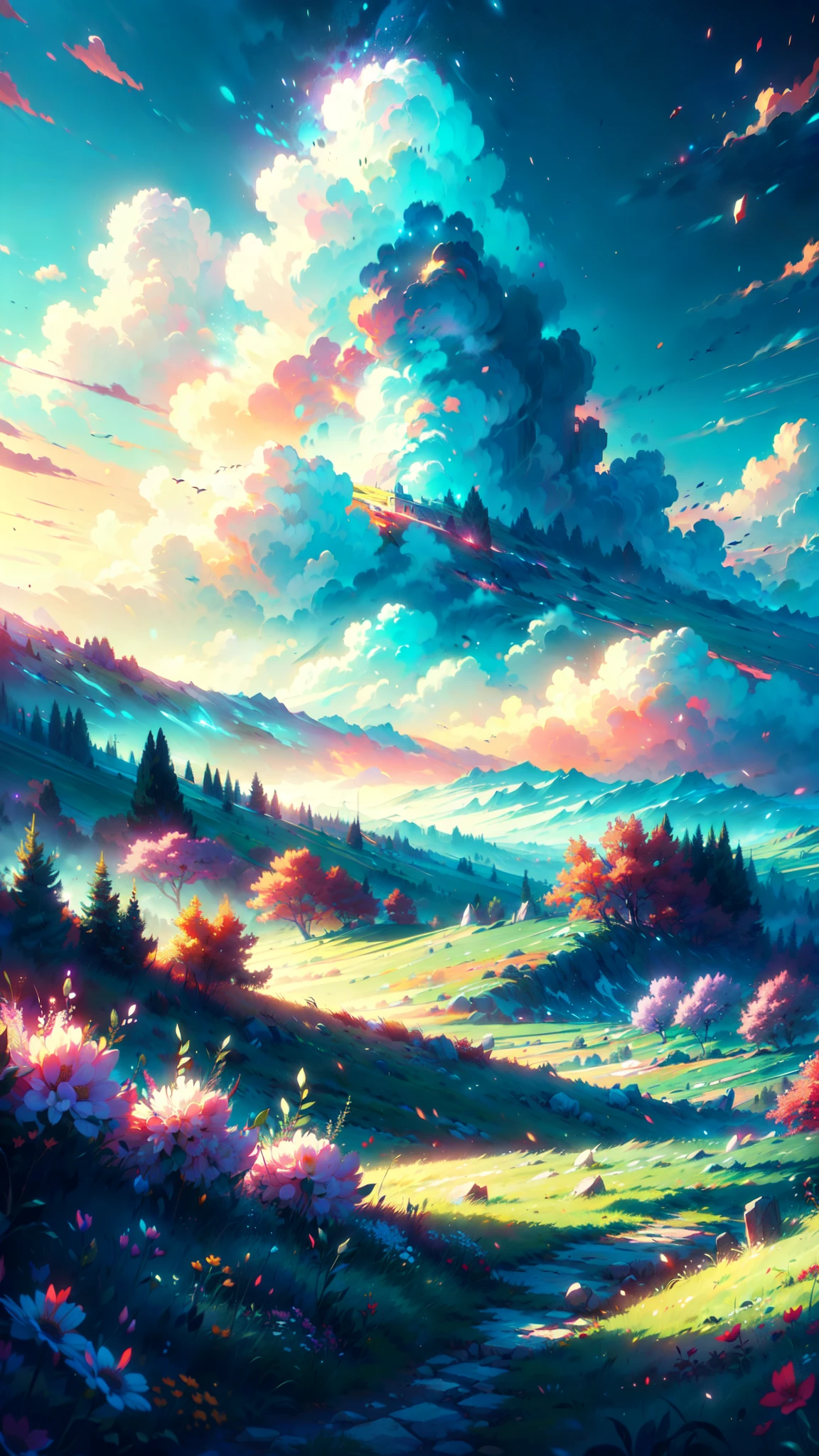 a beautiful serene landscape, rolling green meadows, small town nestled in the distance, sky filled with vibrant colors, Ghibli-esque digital art, highly detailed, cinematic composition, stunning lighting, photorealistic, award winning digital painting, masterpiece, dramatic lighting, soft colors, dreamlike atmosphere, (best quality,4k,8k,highres,masterpiece:1.2),ultra-detailed,(realistic,photorealistic,photo-realistic:1.37)