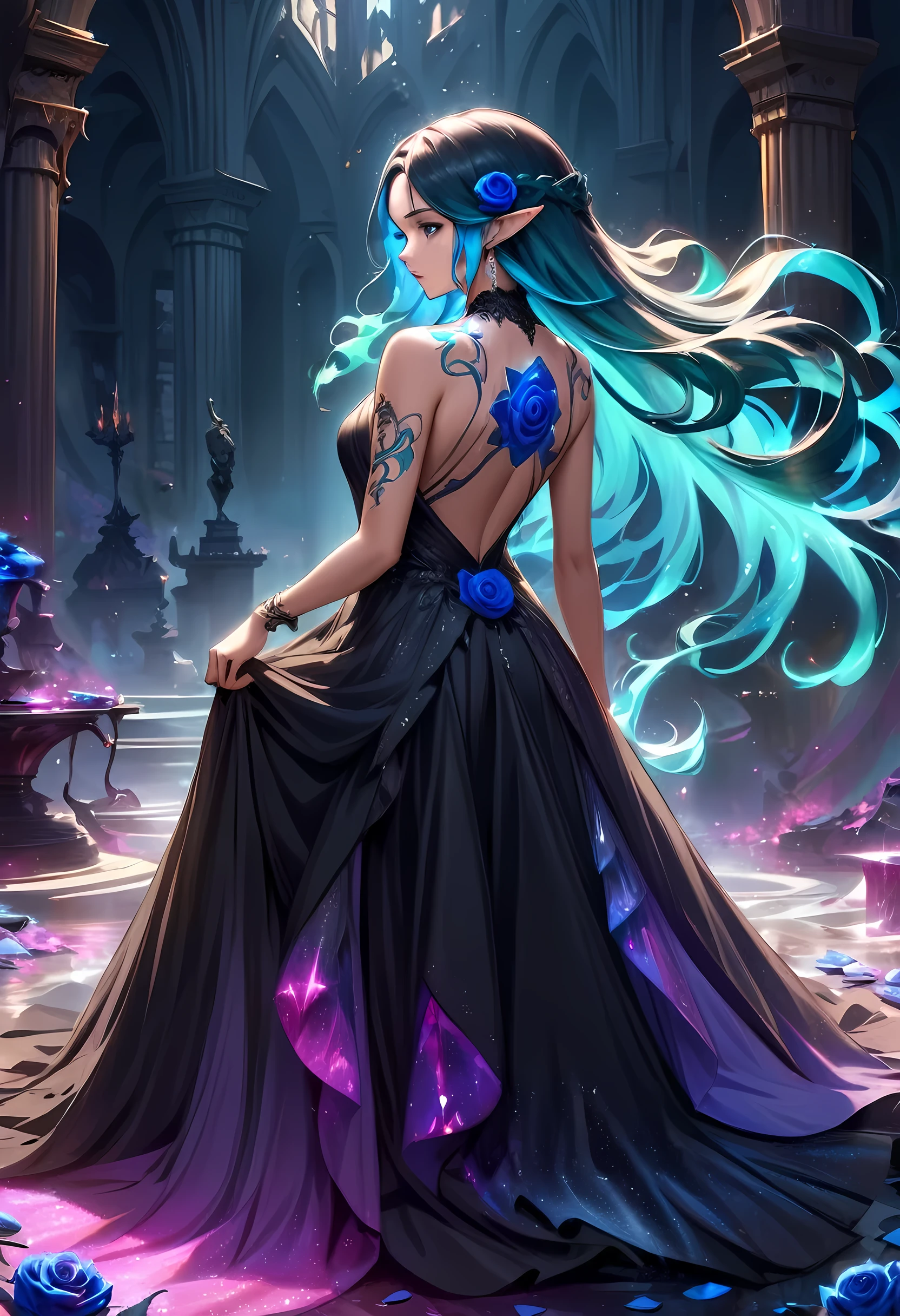 Arafed, Dark fantasy art, fantasy art, goth art, a picture of a tattoo on the back of a female elf,  of  glowing tattoo of a ((blue rose: 1.3)) the rose tattoo is vivid, intricate detailed coming to life rose from the ink to real life, AlchemyPunkAI, shoot taken from the back, ((the back is visible: 1.3), she wears a transparent  black dress, the dress is elegant, flowing, elven style, that the tattoos glow, dynamic hair color, dynamic hair style, crystalline dress