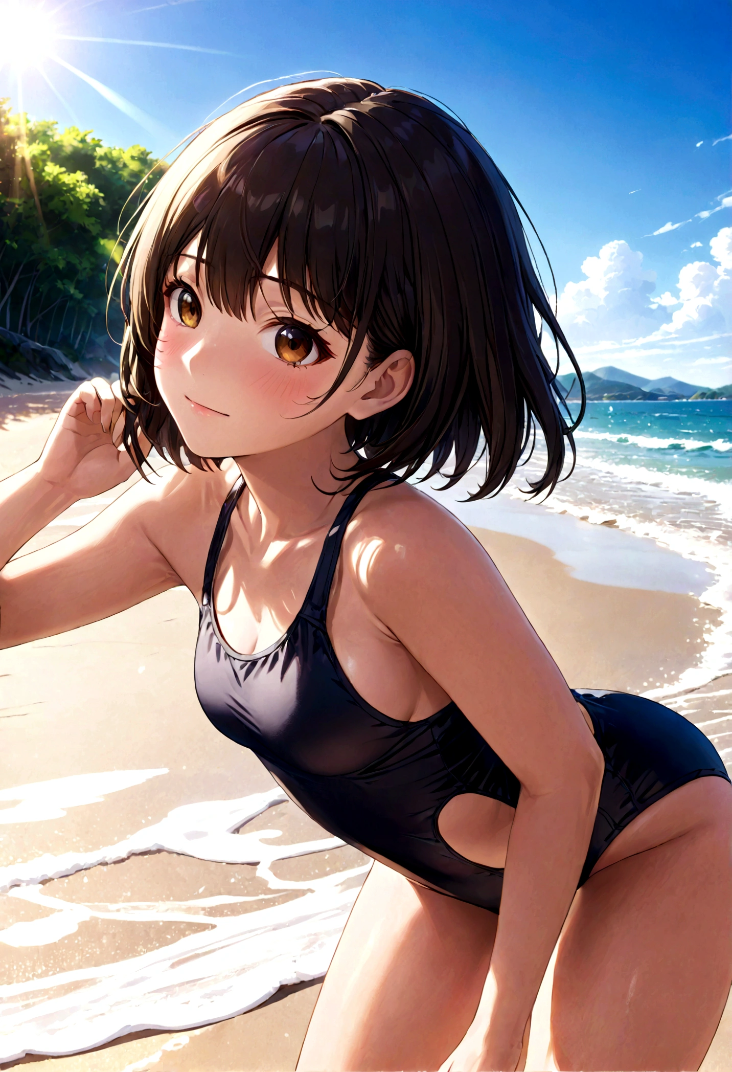 (master quality)(Anime style)(RAW Photos)High detail, Super detailed, Ultra HD Beautiful girl with short black hair having fun on an open beach, Surrounded by natural beauty, The warm sun shining down on her, Sway gently in the breeze, Creates a playful atmosphere(official gravure)(close shot1.5)School swimsuit