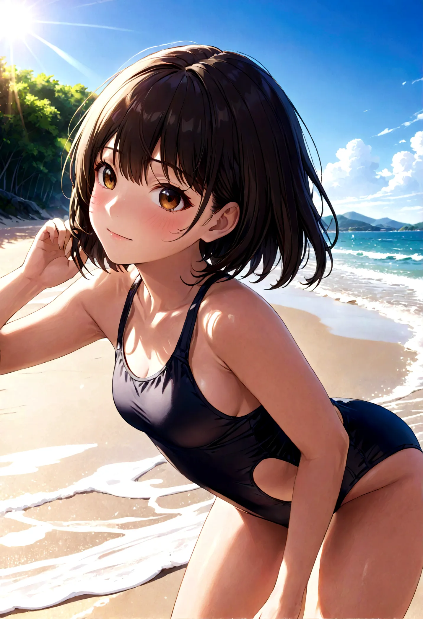 (master quality)(anime style)(raw photos)high detail, super detailed, ultra hd beautiful girl with short black hair having fun o...