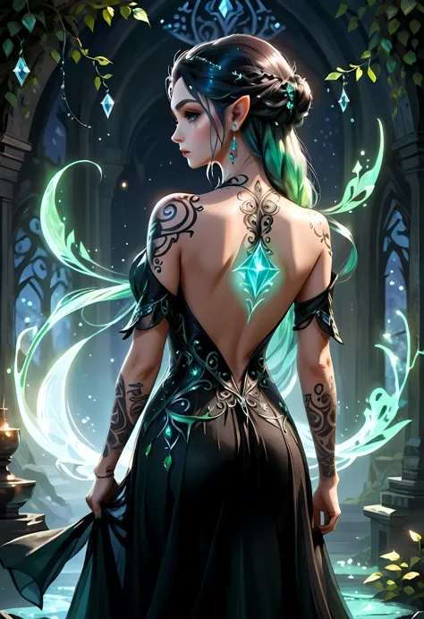 modisn disney, Arafed, Dark fantasy art, fantasy art, goth art, a picture of a tattoo on the back of a female elf, of  ((glowing...