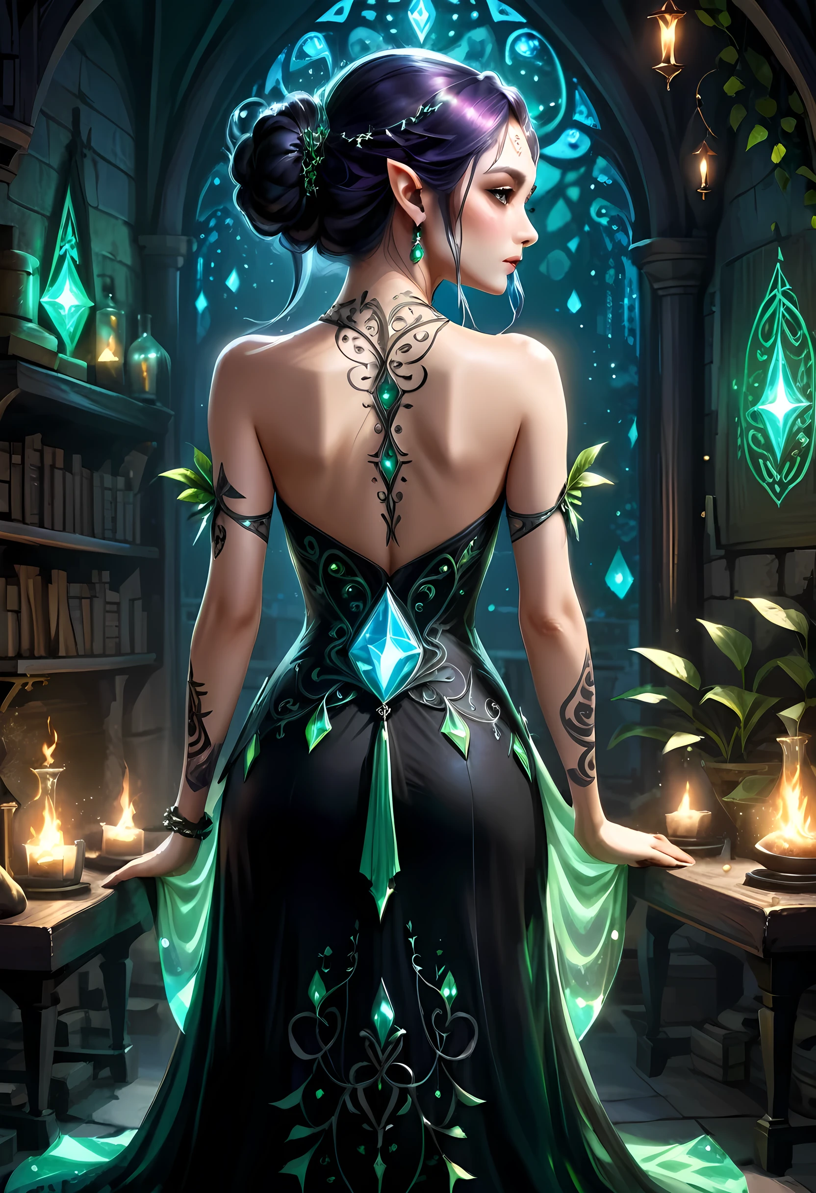 迪士尼, 阿拉菲德, Dark 幻想艺术, 幻想艺术, 哥特艺术, a picture 的 a tattoo on the back 的 a female elf, 的  ((发光: 1.3)) 精灵魔法符文, 复杂细节栩栩如生,  炼金术朋克AI, 从后面拍摄, ((背面可见: 1.3), 她穿着一件透明的黑色连衣裙, 这件衣服很优雅, 流动, 精灵风格, 纹身会发光, 动态发色, 动感发型, 水晶连衣裙