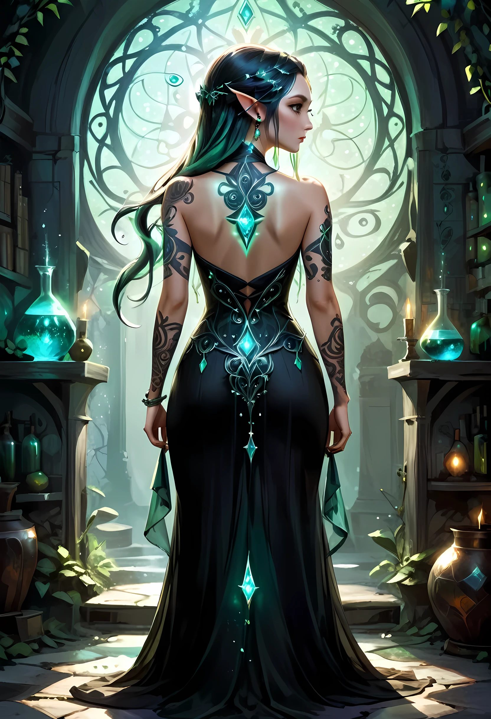 迪士尼, 阿拉菲德, Dark 幻想艺术, 幻想艺术, 哥特艺术, a picture 的 a tattoo on the back 的 a female elf, 的  ((发光: 1.3)) 精灵魔法符文, 复杂细节栩栩如生,  炼金术朋克AI, 从后面拍摄, ((背面可见: 1.3), 她穿着一件透明的黑色连衣裙, 这件衣服很优雅, 流动, 精灵风格, 纹身会发光, 动态发色, 动感发型, 水晶连衣裙