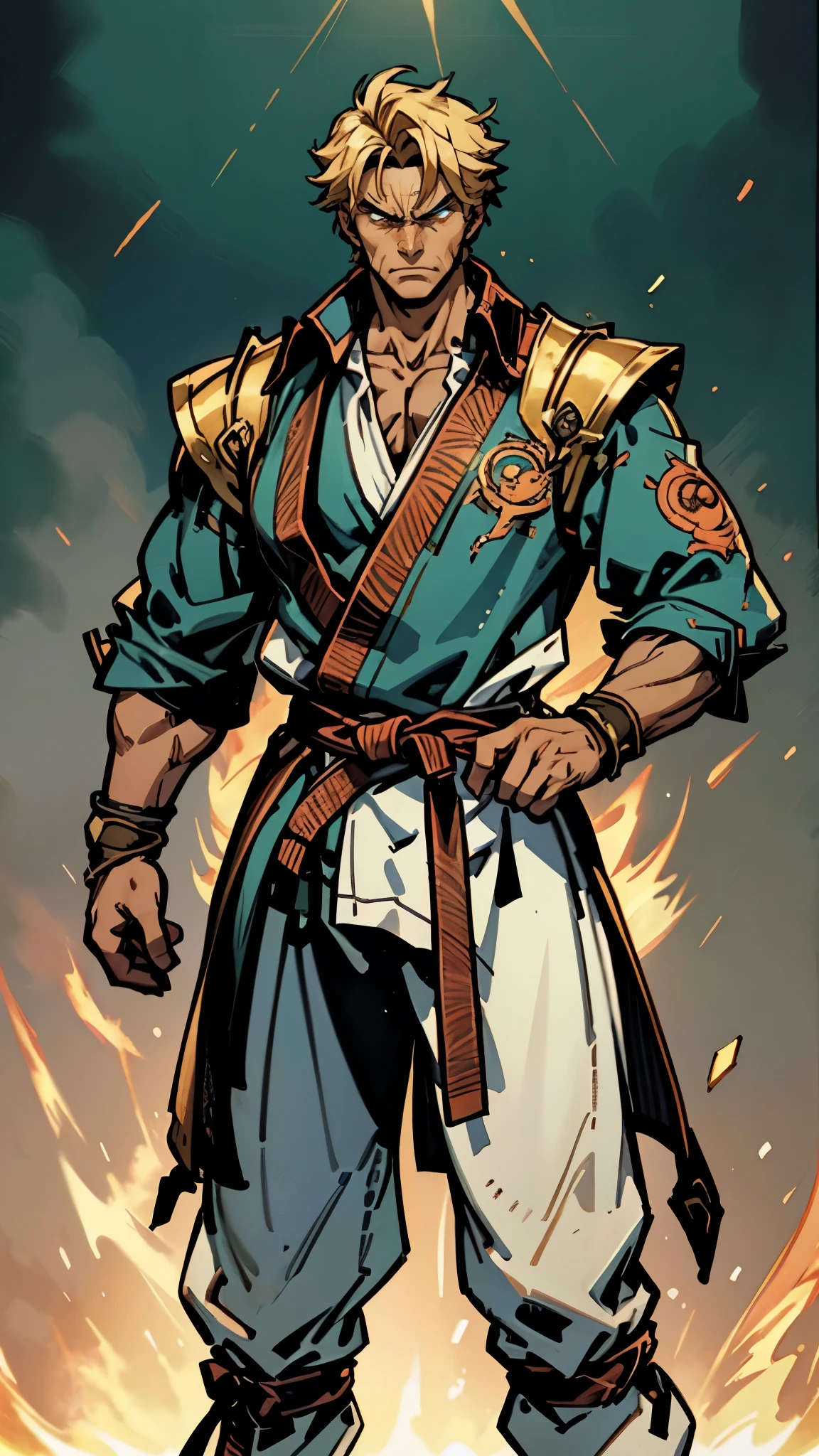 A man with short golden hair, middle-parted bangs, a hexagonal metal forehead protector, round glaring eyes filled with anger, a furious expression, chiseled facial features, a muscular build, an orange fantasy martial arts-style coat with flame-shaped decorations on the collar, a luxurious red and white undershirt, matching trousers, the backdrop of a fantasy-style city street, this character embodies a finely crafted fantasy martial arts-style warrior in anime style, exquisite and mature manga art style, dramatic, high definition, best quality, highres, ultra-detailed, ultra-fine painting, extremely delicate, professional, perfect body proportions, golden ratio, anatomically correct, symmetrical face, extremely detailed eyes and face, high quality eyes, creativity, RAW photo, UHD, 32k, Natural light, cinematic lighting, masterpiece-anatomy-perfect, masterpiece:1.5