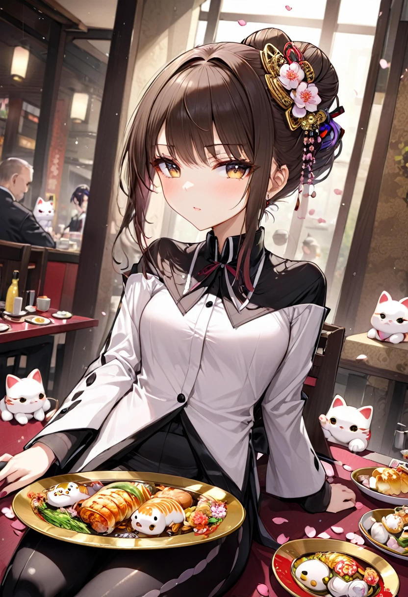 cinematic, dramatic, extremely detailed, a girl, mafia boss, reserved, very elegant, hairstyle in a bun with a hair needle, sitting in a Japanese restaurant, dressed with a wide neckline on the back, where you can see an intricate and very colorful tattoo of black Maneki Neko with a large golden oval plate and one of its paws raised under a shower of cherry blossom petals,