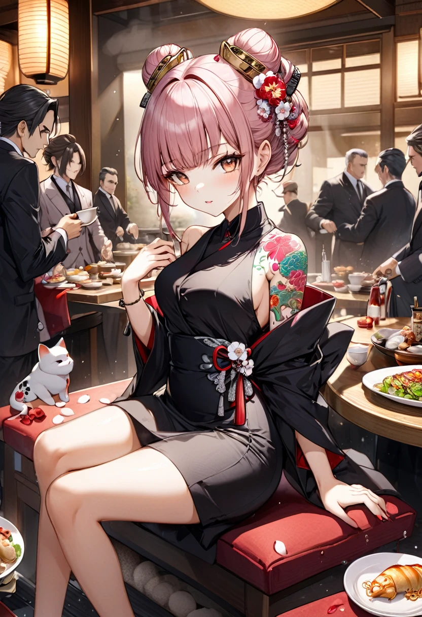 cinematic, dramatic, extremely detailed, a girl, mafia boss, reserved, very elegant, hairstyle in a bun with a hair needle, sitting in a Japanese restaurant, dressed with a wide neckline on the back, where you can see an intricate and very colorful tattoo of black Maneki Neko with a large golden oval plate and one of its paws raised under a shower of cherry blossom petals,