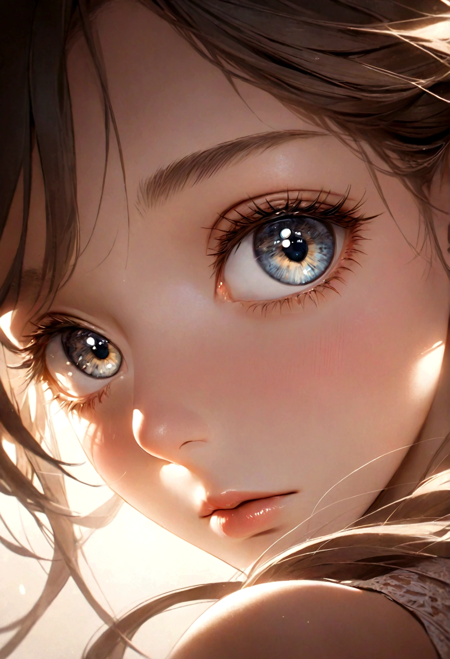 a detailed close-up portrait of a beautiful young woman, perfect skin, big beautiful eyes, long lashes, delicate nose, full lips, soft facial features, natural lighting, high resolution, 8k, hyper detailed, photorealistic, cinematic, dramatic lighting, warm color tones, glowing skin