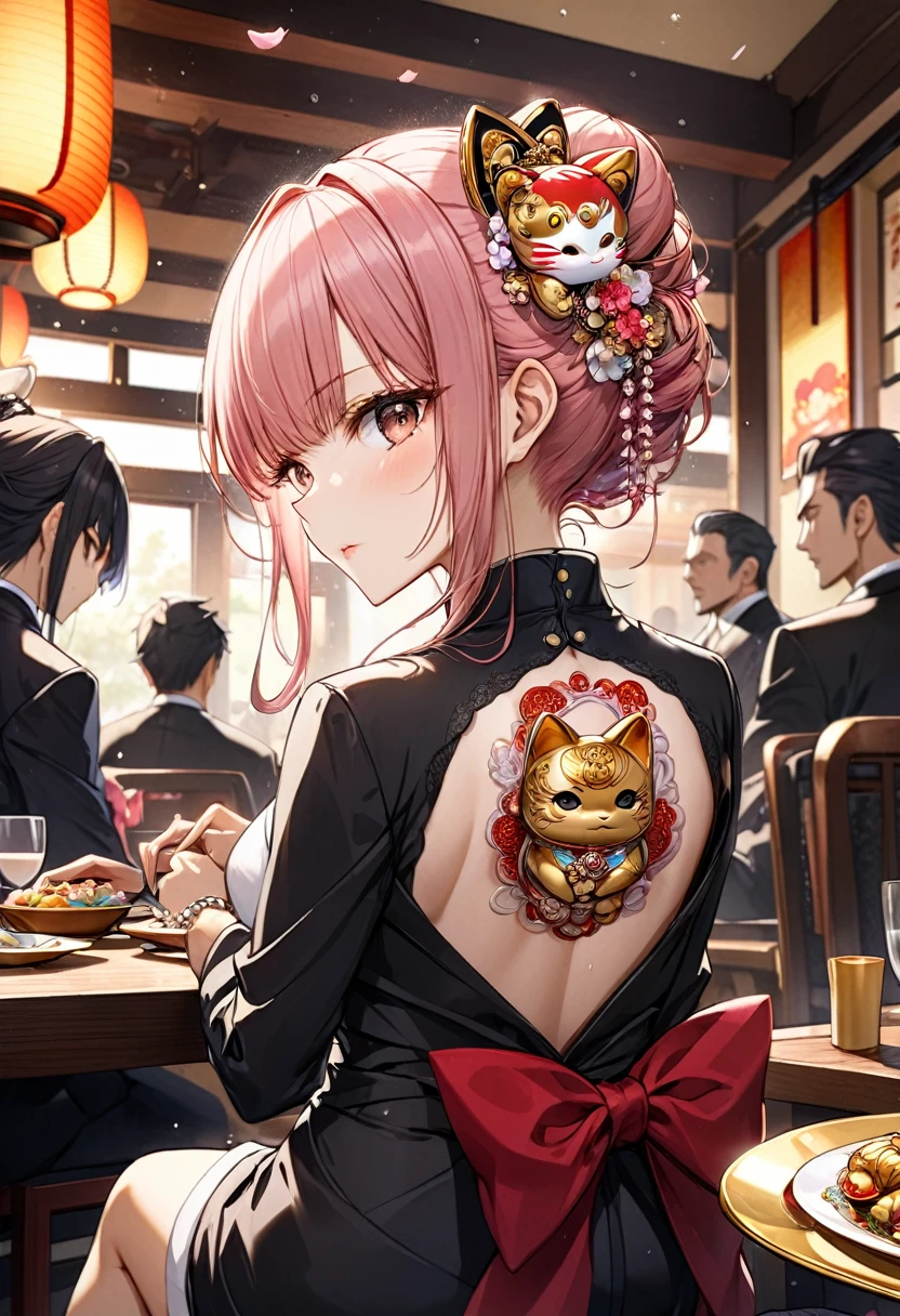 cinematic, dramatic, extremely detailed, a girl, mafia boss, reserved, very elegant, hairstyle in a bun with a hair needle, sitting in a Japanese restaurant, dressed with a wide neckline on the back, where you can see an intricate and very colorful tattoo of black Maneki Neko with a large golden oval plate and one of its paws raised under a shower of cherry blossom petals,