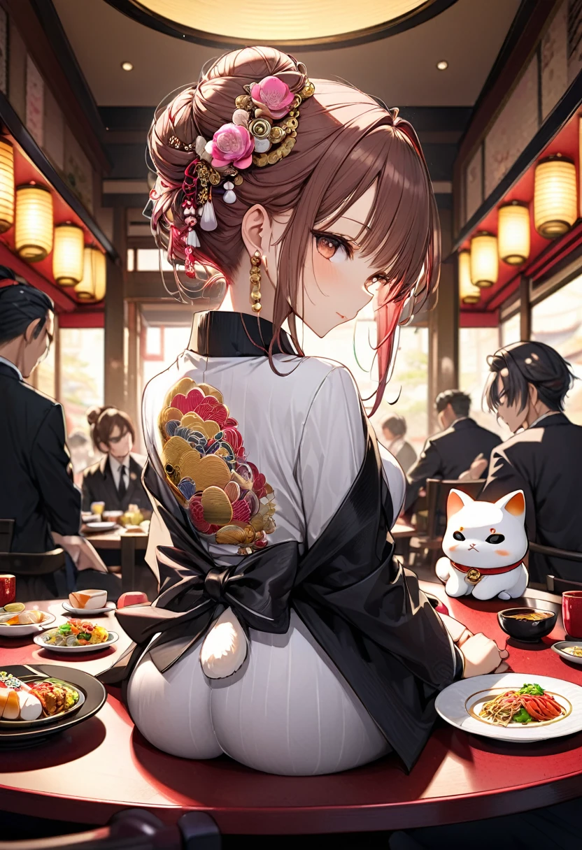 cinematic, dramatic, extremely detailed, a girl, mafia boss, reserved, very elegant, hairstyle in a bun with a hair needle, sitting in a Japanese restaurant, dressed with a wide neckline on the back, where you can see an intricate and very colorful tattoo of black Maneki Neko with a large golden oval plate and one of its paws raised under a shower of cherry blossom petals,