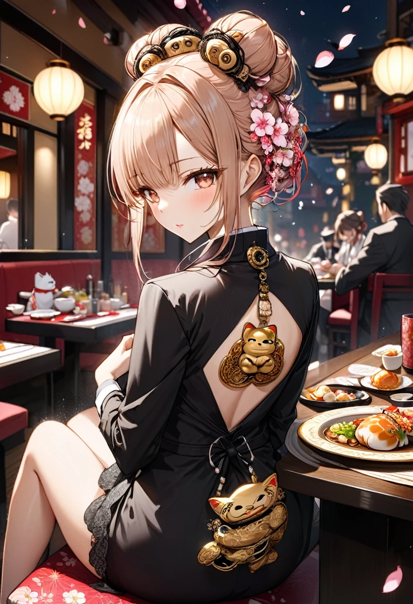 cinematic, dramatic, extremely detailed, a girl, mafia boss, reserved, very elegant, hairstyle in a bun with a hair needle, sitting in a Japanese restaurant, dressed with a wide neckline on the back, where you can see an intricate and very colorful tattoo of black Maneki Neko with a large golden oval plate and one of its paws raised under a shower of cherry blossom petals,