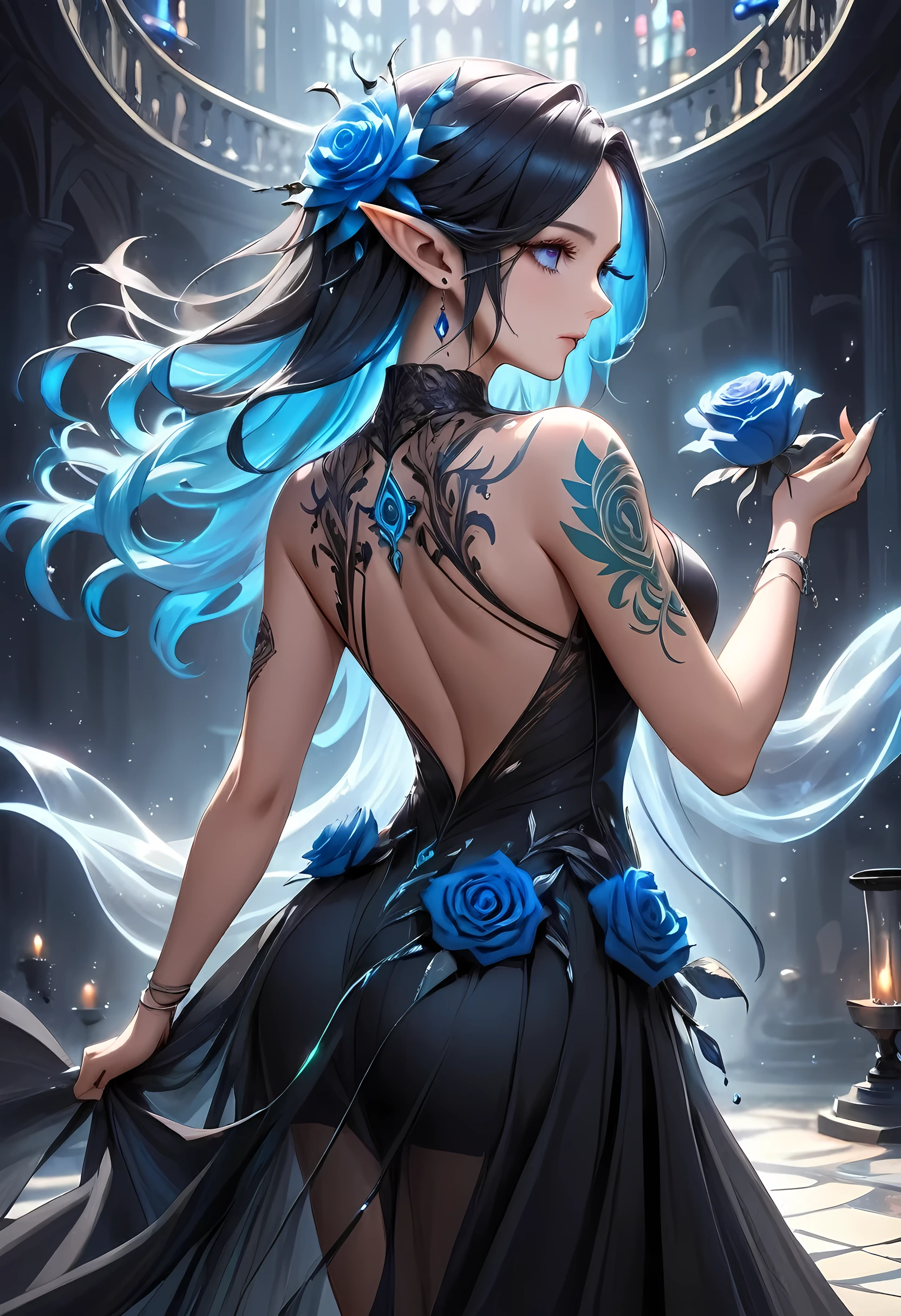 Arafed, Dark fantasy art, fantasy art, goth art, a picture of a tattoo on the back of a female elf,  of  glowing tattoo of a ((blue rose: 1.3)) the rose tattoo is vivid, intricate detailed coming to life rose from the ink to real life, AlchemyPunkAI, shoot taken from the back, ((the back is visible: 1.3), she wears a transparent  black dress, the dress is elegant, flowing, elven style, that the tattoos glow, dynamic hair color, dynamic hair style, crystalline dress