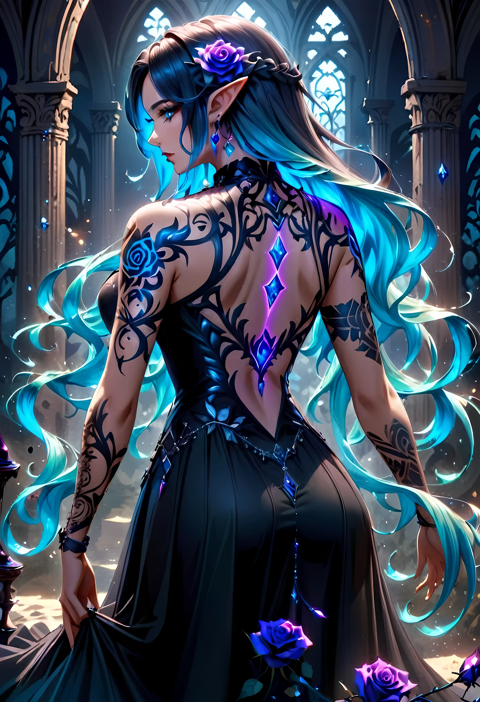 Arafed, Dark fantasy art, fantasy art, goth art, a picture of a tattoo on the back of a female elf,  of  glowing tattoo of a ((blue rose: 1.3)) the rose tattoo is vivid, intricate detailed coming to life rose from the ink to real life, AlchemyPunkAI, shoot taken from the back, ((the back is visible: 1.3), she wears a transparent  black dress, the dress is elegant, flowing, elven style, that the tattoos glow, dynamic hair color, dynamic hair style, crystalline dress