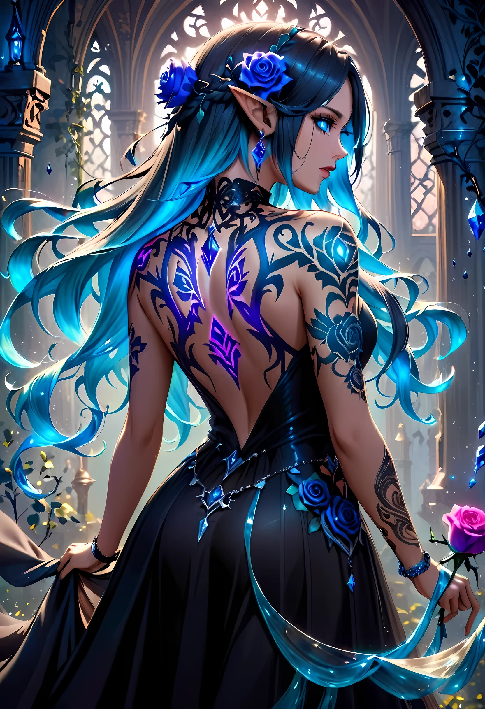 Arafed, Dark fantasy art, fantasy art, goth art, a picture of a tattoo on the back of a female elf,  of  glowing tattoo of a ((blue rose: 1.3)) the rose tattoo is vivid, intricate detailed coming to life rose from the ink to real life, AlchemyPunkAI, shoot taken from the back, ((the back is visible: 1.3), she wears a transparent  black dress, the dress is elegant, flowing, elven style, that the tattoos glow, dynamic hair color, dynamic hair style, crystalline dress