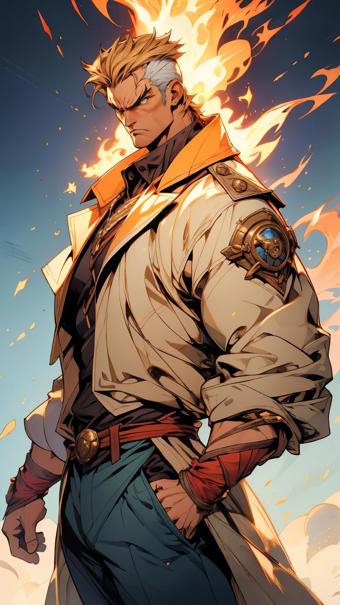 A man with short golden hair, middle-parted bangs, a hexagonal metal forehead protector, round glaring eyes filled with anger, a furious expression, chiseled facial features, a muscular build, an orange fantasy martial arts-style coat with flame-shaped decorations on the collar, a luxurious red and white undershirt, matching trousers, the backdrop of a fantasy-style city street, this character embodies a finely crafted fantasy martial arts-style warrior in anime style, exquisite and mature manga art style, dramatic, high definition, best quality, highres, ultra-detailed, ultra-fine painting, extremely delicate, professional, perfect body proportions, golden ratio, anatomically correct, symmetrical face, extremely detailed eyes and face, high quality eyes, creativity, RAW photo, UHD, 32k, Natural light, cinematic lighting, masterpiece-anatomy-perfect, masterpiece:1.5