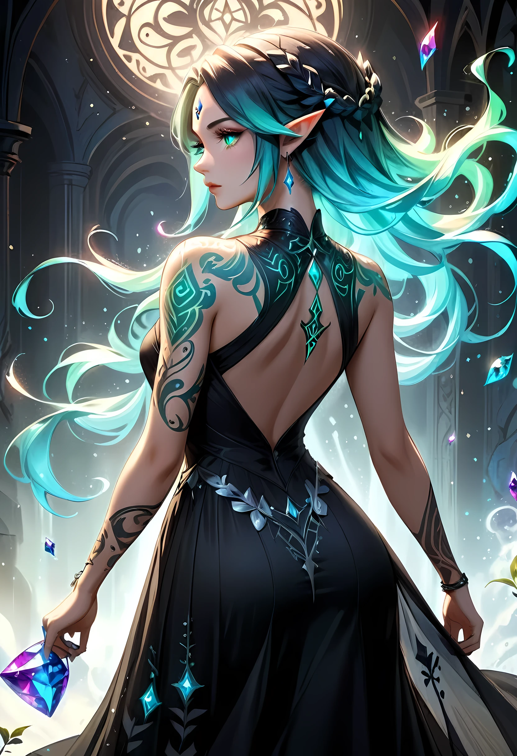 modisn disney, arafé, Dark art fantastique, art fantastique, art gothique, a picture de a tattoo on the back de a female elf, de  ((embrasé: 1.3)) runes magiques elfiques, des détails complexes qui prennent vie,  AlchimiePunkAI, prise de vue prise de dos, ((le dos est visible: 1.3), elle porte une robe noire transparente, la robe est élégante, écoulement, style elfique, que les tatouages brillent, couleur de cheveux dynamique, style de cheveux dynamique, Robe cristalline