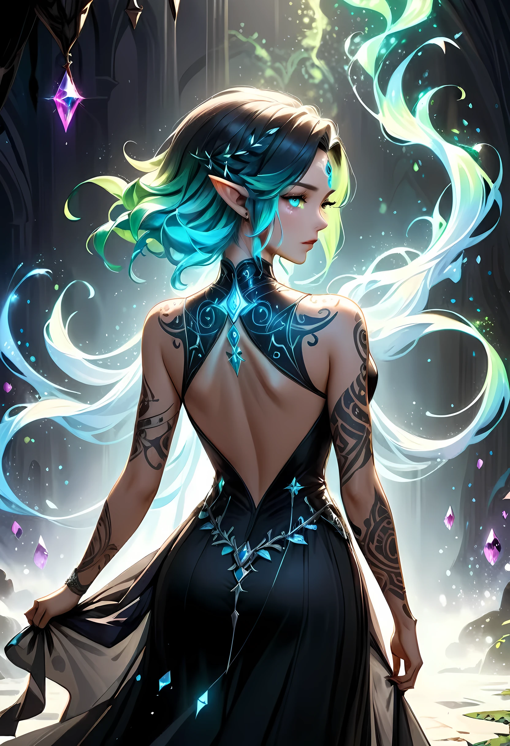 modisn disney, Arafed, Dark fantasy art, fantasy art, goth art, a picture of a tattoo on the back of a female elf, of  ((glowing: 1.3)) elven magical runes, intricate detailed coming to life,  AlchemyPunkAI, shoot taken from the back, ((the back is visible: 1.3), she wears a transparent black dress, the dress is elegant, flowing, elven style, that the tattoos glow, dynamic hair color, dynamic hair style, crystalline dress