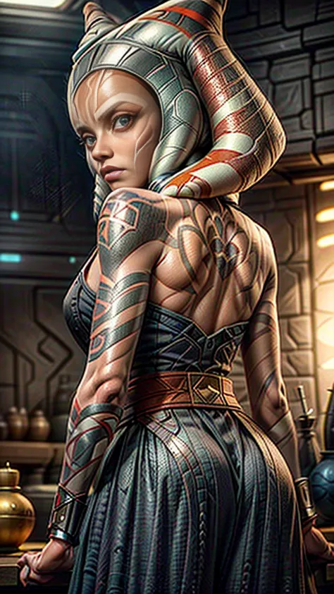 8K, Best Quality, Masterpiece, Ultra High Resolution,(Ultra-detailed face, Eyes wide open:1.3), (Ahsoka Tano: 1.1), (looking bac...