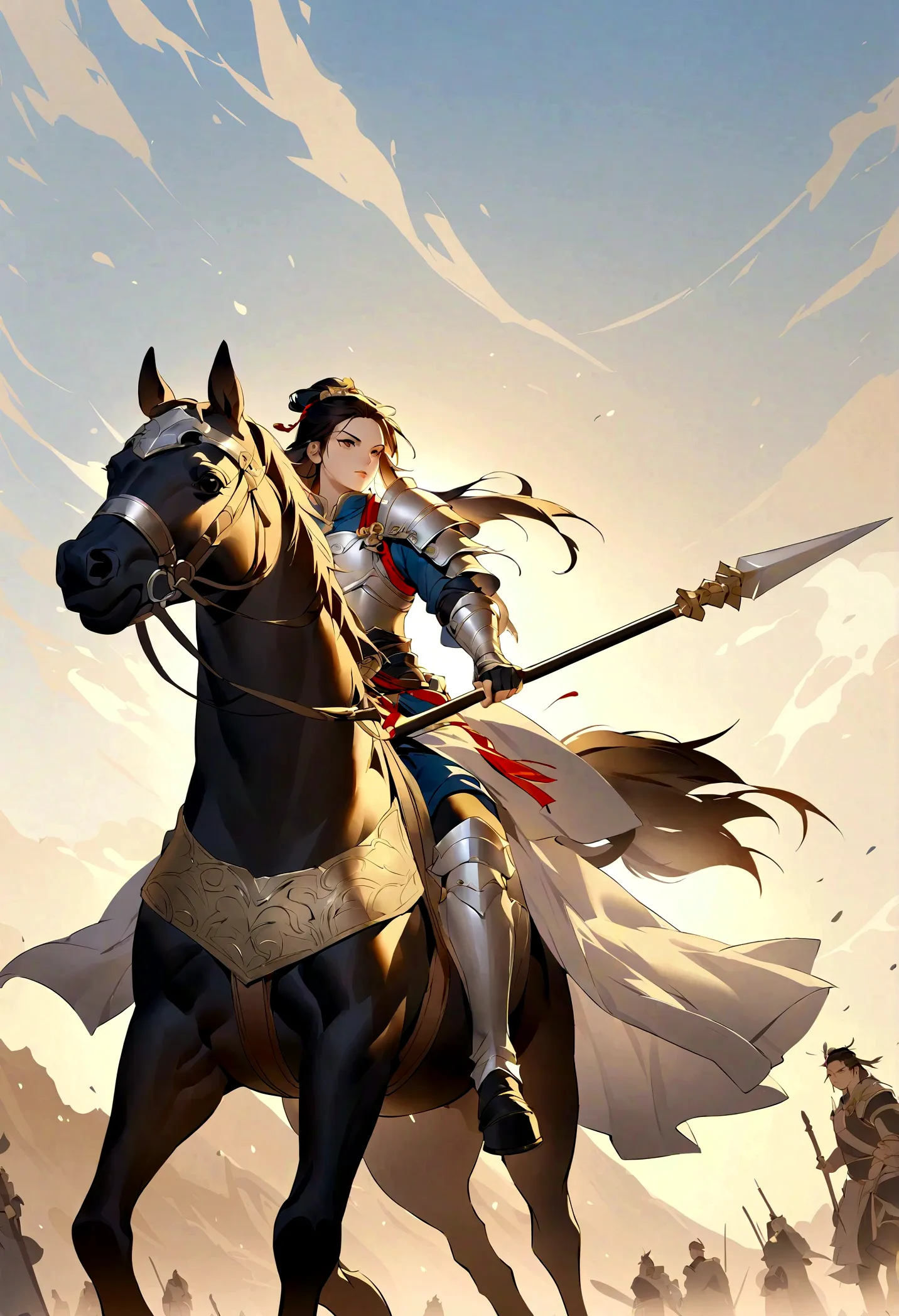 three kingdoms, zhao zilong, horse riding, wield a spear, heroic and fearless, wearing armor, behind it is the battlefield,