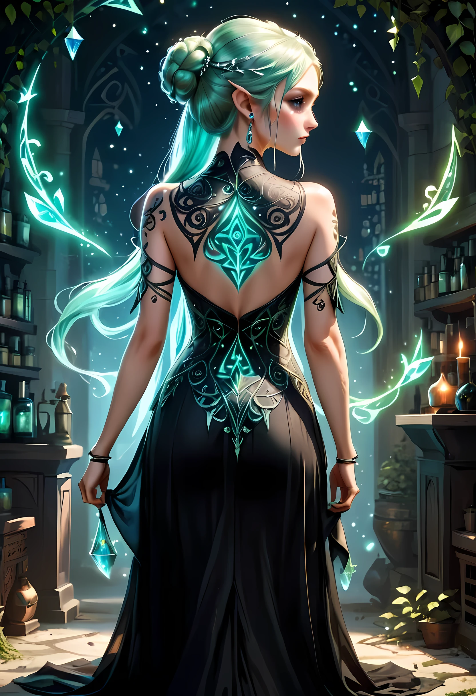 modisn disney, Arafed,  fantasy art, goth art, a picture of a tattoo on the back of a female elf, of  ((glowing: 1.3)) elven magical runes, intricate detailed coming to life,  AlchemyPunkAI, shoot taken from the back, ((the back is visible: 1.3), she wears a transparent black dress, the dress is elegant, flowing, elven style, that the tattoos glow, dynamic hair color, dynamic hair style, crystalline dress