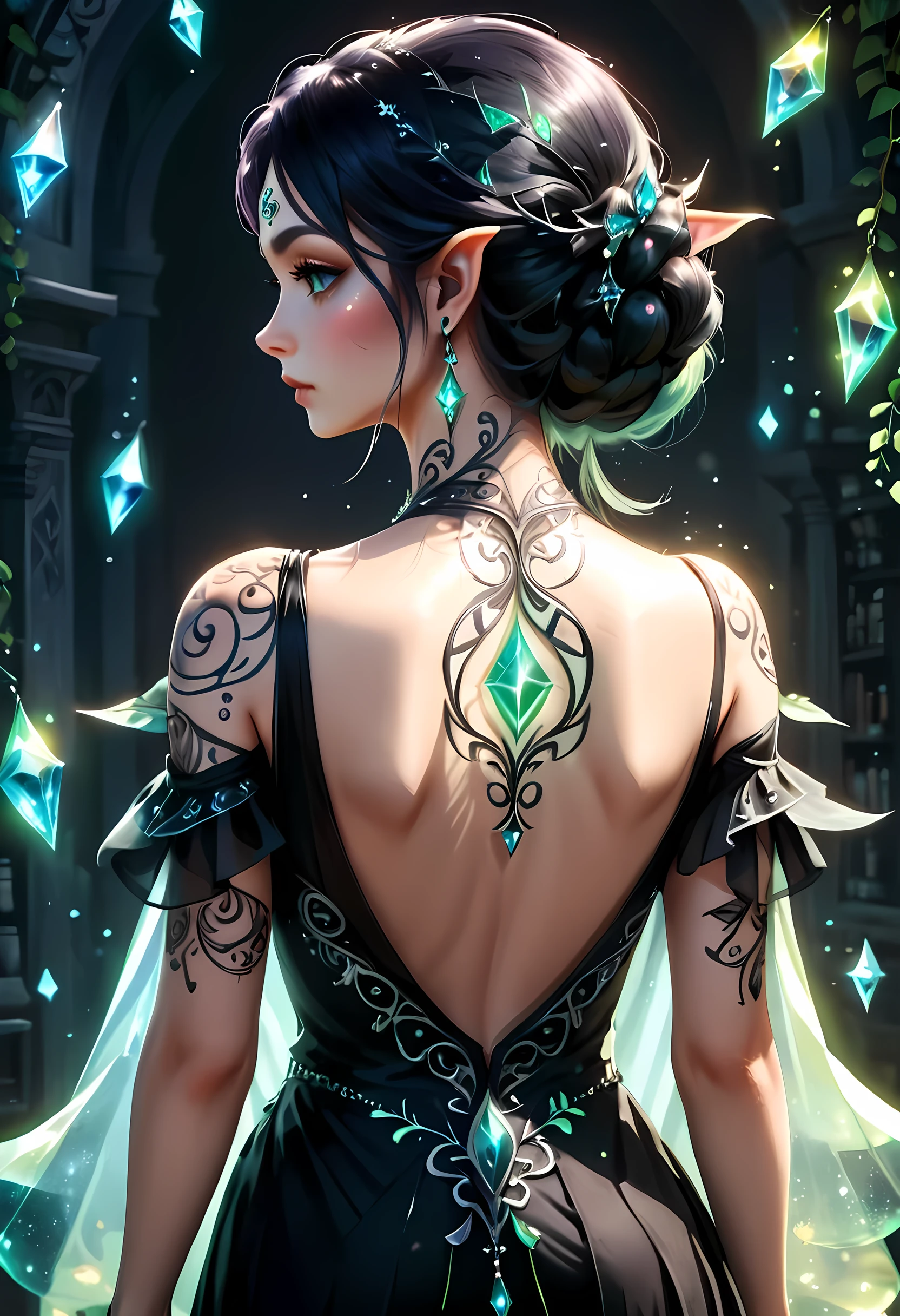 現代迪士尼, 阿拉費德,  幻想藝術, 歌德藝術, a picture 的 a tattoo on the back 的 a female elf, 的  ((發光的: 1.3)) 精靈魔法符文, 複雜的細節變得栩栩如生,  煉金術朋凱, 從後面拍攝, ((背面可見: 1.3), 她穿著透明的黑色連身裙, 這件衣服很優雅, 流動的, 精靈風格, 紋身會發光, 動態髮色, 動態髮型, 水晶禮服