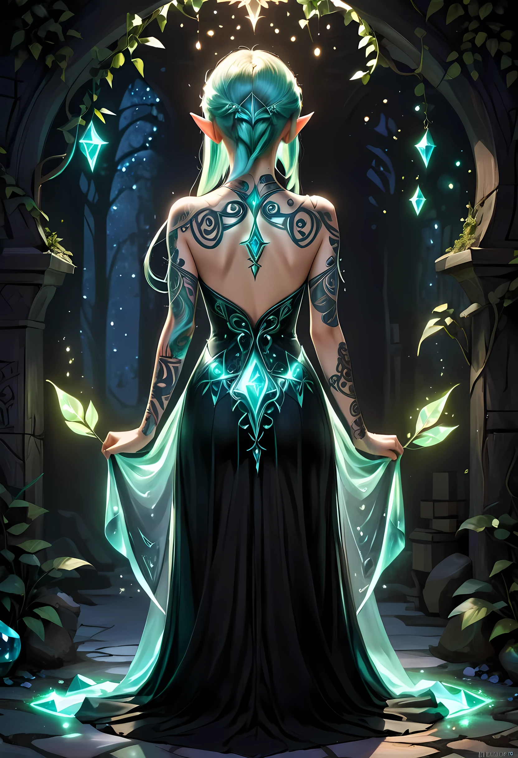 modisn disney, Arafed,  fantasy art, goth art, a picture of a tattoo on the back of a female elf, of  ((glowing: 1.3)) elven magical runes, intricate detailed coming to life,  AlchemyPunkAI, shoot taken from the back, ((the back is visible: 1.3), she wears a transparent black dress, the dress is elegant, flowing, elven style, that the tattoos glow, dynamic hair color, dynamic hair style, crystalline dress