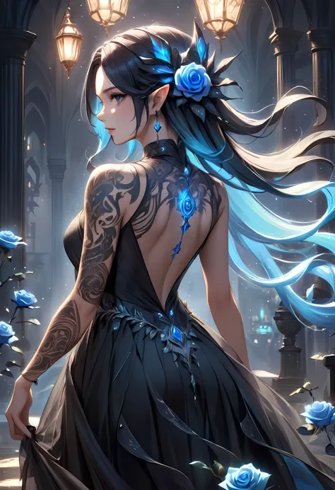 Arafed, Dark fantasy art, fantasy art, goth art, a picture of a tattoo on the back of a female elf,  of  glowing tattoo of a ((b...