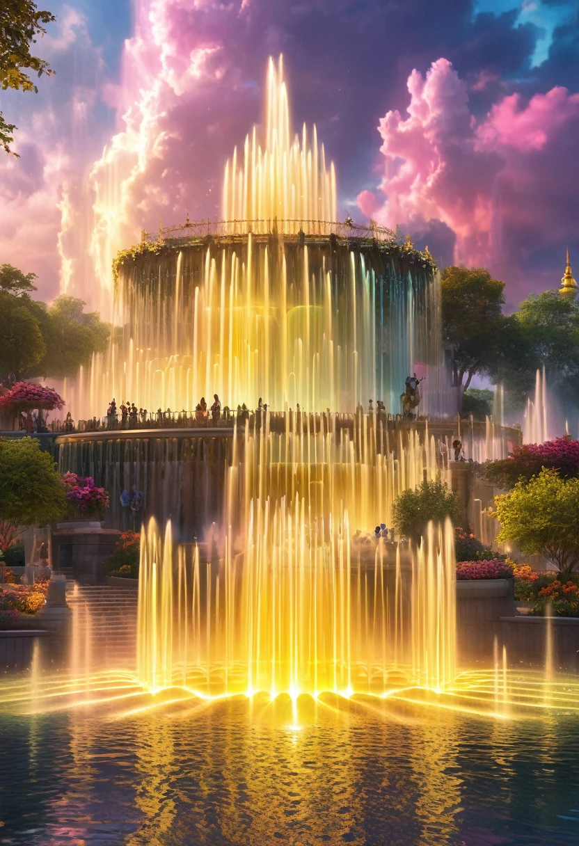 Dancing water columns of musical fountain、Create a variety of patterns of light and water column combinations，Create a colorful scene，Detailed fantasy digital art，Highly detailed digital art in 4K，Fantasy Art Action，gorgeous、gold、high quality images