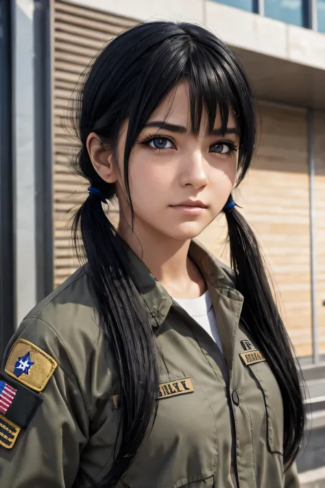 photo realistic, black eyes, black hair, low twintails, one hairtie, looking to the side, army clothes