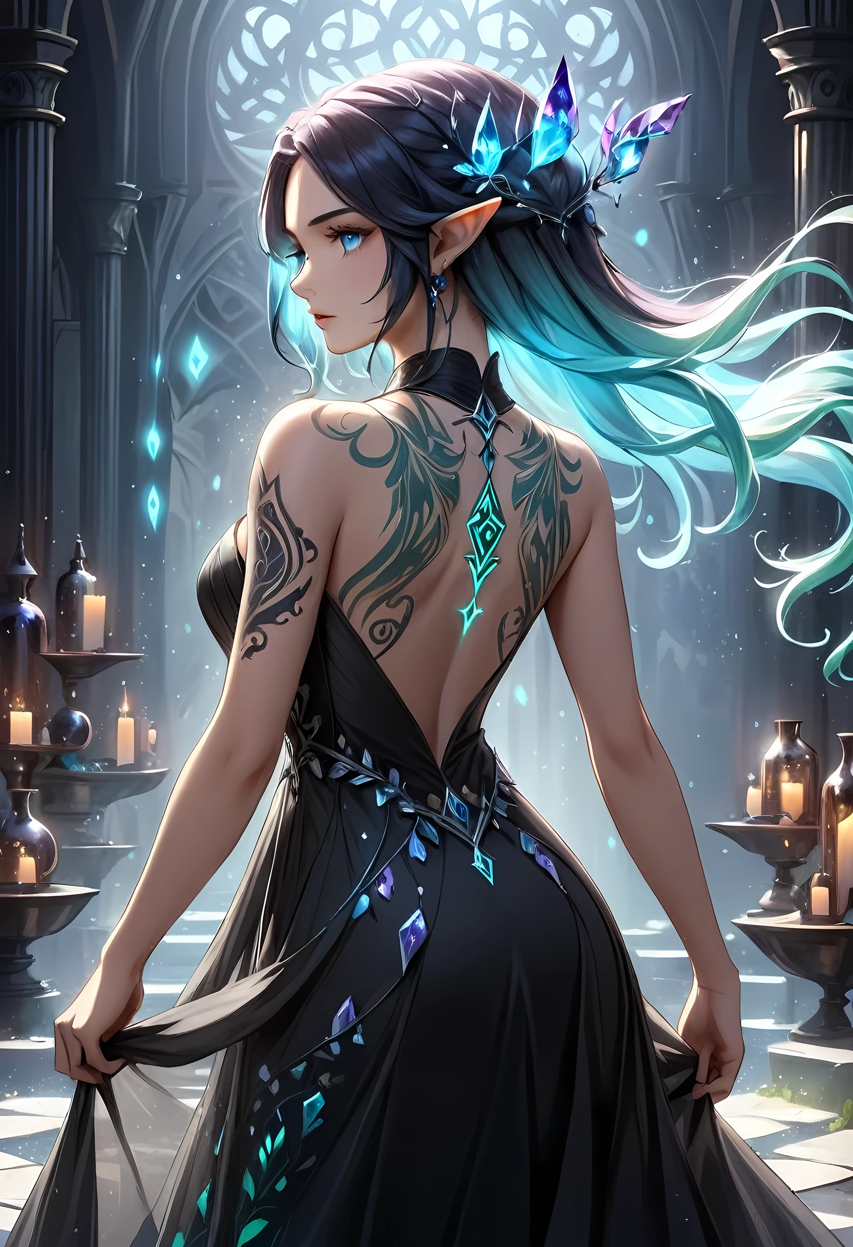 modisn disney, Arafed,  fantasy art, goth art, a picture of a tattoo on the back of a female elf, of  ((glowing: 1.3)) elven magical runes, intricate detailed coming to life,  AlchemyPunkAI, shoot taken from the back, ((the back is visible: 1.3), she wears a transparent black dress, the dress is elegant, flowing, elven style, that the tattoos glow, dynamic hair color, dynamic hair style, crystalline dress