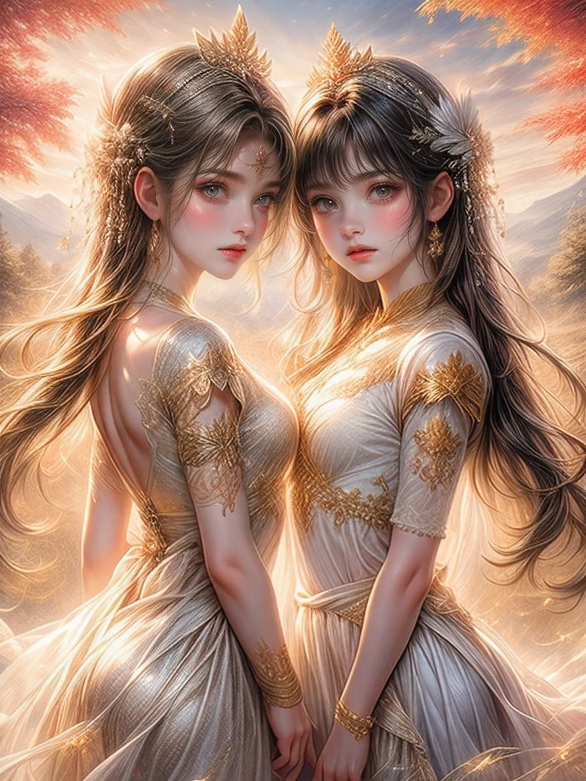 fantasic illustration, masterpiece:1.2, highest quality, highres, 16k, beautiful detailed, ultra-realistic, photo realistic:1.37,  beautiful cute 
twin princesses of ancient greek civilization, in temple, growing golden eyes, shining pupils, blushed cheek, shiny rosy lips, beautiful delicate(hair, face, eyes, pupils, navel,thigh), middle breasts