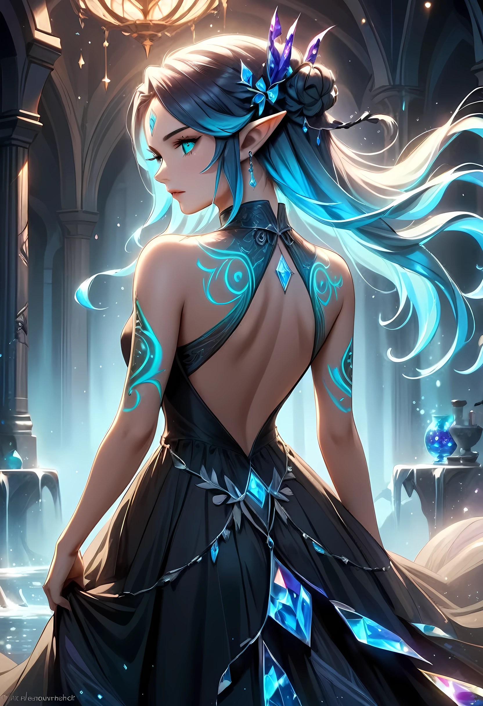 modisn disney, Arafed,  fantasy art, goth art, a picture of a tattoo on the back of a female elf, of  ((glowing: 1.3)) elven magical runes, intricate detailed coming to life,  AlchemyPunkAI, shoot taken from the back, ((the back is visible: 1.3), she wears a transparent black dress, the dress is elegant, flowing, elven style, that the tattoos glow, dynamic hair color, dynamic hair style, crystalline dress