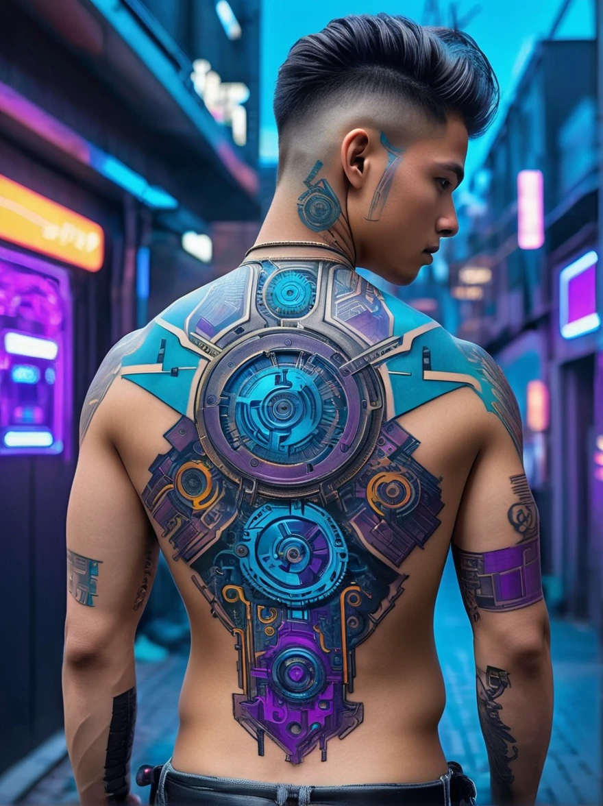 View from behind，Turn your back to the audience，A close-up view of a detailed cyberpunk-themed back tattoo，Tattoo located in the center of the back，Starts from the upper trapezius muscle and extends to the waist，Design includes gears，Digital circuits，Elements and future urban landscapes，It reflects the fusion of mechanical and digital aesthetics in the cyberpunk genre，Colors include neon blue，Purple and metallic silver outline，The surrounding skin is clean and healthy，Presents a sharp contrast between organic and inorganic elements，European man&#39;s back