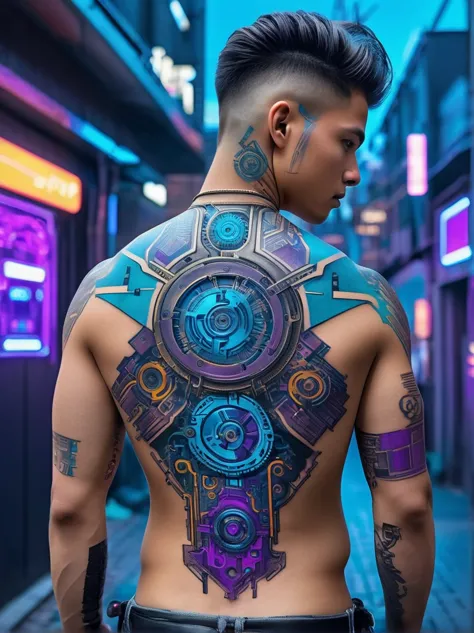 View from behind，Turn your back to the audience，A close-up view of a detailed cyberpunk-themed back tattoo，Tattoo located in the...