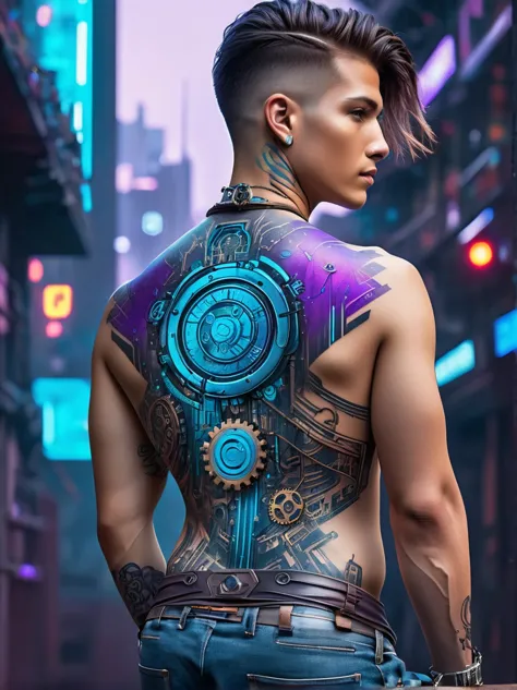 View from behind，Turn your back to the audience，A close-up view of a detailed cyberpunk-themed back tattoo，Tattoo located in the...