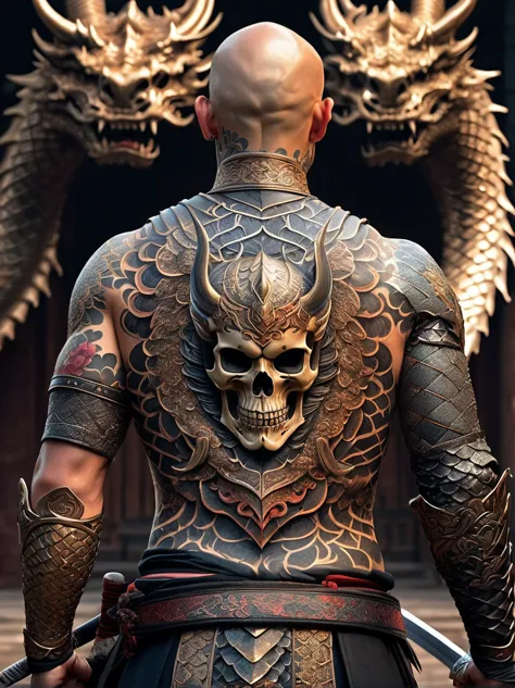 An intricate tattoo pattern spreads across the entire back，Center of pattern，A fierce warrior wearing traditional armor，Gripping...